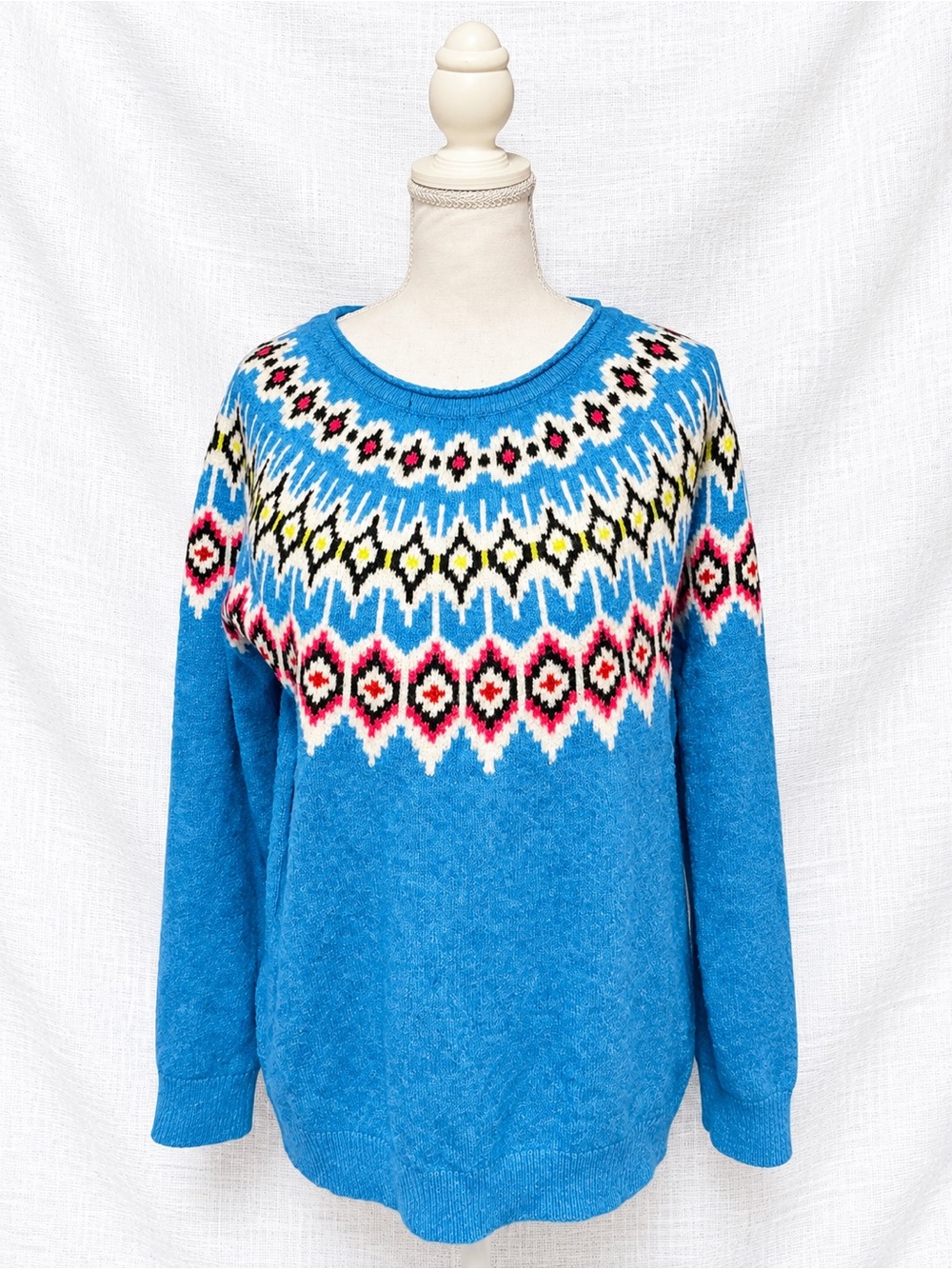 Northern Reflections Bright Blue Fair Isle Crewneck Sweater with Multicolor Yoke